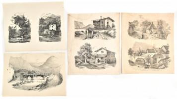 cca 1915-1919 4 db házakat, tájképeket ábrázoló metszet, feliratozott, Geiszler Zerna jelzéssel, néhány foltos, az egyken szakadással, 32x23 cm és 32x28 cm közötti méretben