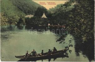 1910 Pozsony, Pressburg, Bratislava; Vaskutacska-tó, csónakázók / Eisenbrünnel-Teich (Eisenbründl) / Zelezná Studénka / spa, lake, rowing boat (EB)