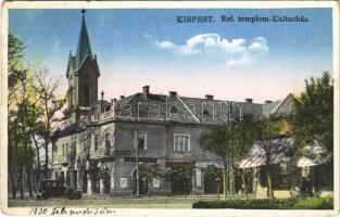 1930 Budapest XIX. Kispest, Református templom, Kultúrház, automobil, üzletek (EK)