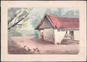Varga Zsigmond (?1859-?1933): Tanyaudvar baromfival. Akvarell, papír, jelzett, paszpartuban, 19x29 cm