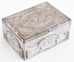 cca 1920-1930 Dralle Flieder szecessziós parfümtartó fém dobozka, kopottas, 11x8x5 cm