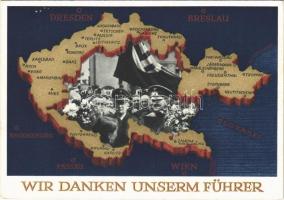 Wir danken unserm Führer / NSDAP German Nazi Party propaganda, Adolf Hitler, Konrad Henlein, map of the Czech Republic, swastika. 6 Ga.