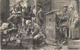 Le pillage / WWI German military art postcard, looting. Phot. Belge