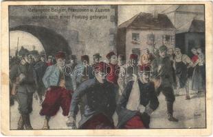 1914 Gefangene Belgier, Franzosen u. Zuaven werden nach einer Festung gebracht / WWI German military art postcard, Belgian, French and Zouave POWs (prisoners of war) (EK)