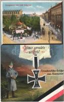 1915 Immer vorwärts mit Gott! Treudeutsche Grüße aus Hannover. Georgstraße mit Café Kröpcke / WWI German military art postcard, German flag, patriotic propaganda, Hannover street with tram and café. L&P 2090.