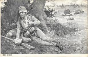 Ihr Bild / WWI Austro-Hungarian K.u.K. military art postcard, injured soldier. B.K.W.I. s: K. Feiertag (EK)