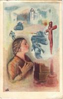 1944 WWII Hungarian military art postcard, romantic lady, soldiers and tanks s: Ottó (fa)