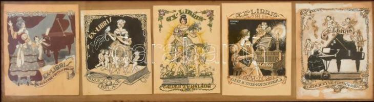 1921-1922 Dienes János (1884-1962): 5 db ex libris terv, tus-akvarell-fedőfehér, papír, jelzettek, üvegezett fa keretben, 15x12 cm és 13x11 cm közötti méretben, keret: 18x60 cm