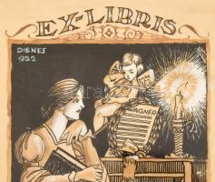 1921-1922 Dienes János (1884-1962): 5 db ex libris terv, tus-akvarell-fedőfehér, papír, jelzettek, ü...