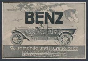 cca 1914 Benz Automobile und Flugmotoren. Benz & C., Mannheim német nyelvű autóreklámok, 2 db, háborús grafikával, kartonra kasírozva, 14x20 cm és 15x20 cm