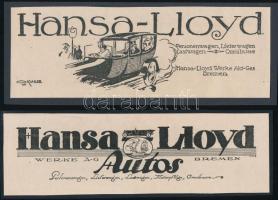cca 1914 Hansa-Lloyd Autos, 2 db német nyelvű autóreklám, kartonra kasírozva, 7x20 cm és 6x20 cm