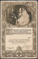 1917 A Magyar Szentkorona Országainak Vöröskereszt Egylete kitöltetlen oklevele, IV. Károly, Zita királyné és Ottó herceg képével illusztrálva, szélein gyűrődésekkel, apró szakadással