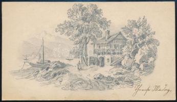 Olvashatatlan jelzéssel: Ház a folyóparton, ceruza, papír, 9×15 cm