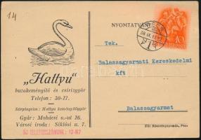 1938 Hattyú búzakeményítő és csirizgyár reklámos levelezőlapja, megírt és futott