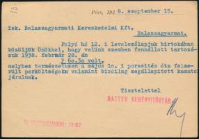 1938 "Hattyú" búzakeményítő és csirizgyár reklámos levelezőlapja, megírt és futott