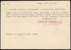 1938 Faáru- és Botgyár Rt. fejléces levelezőlapja, megírt és futott