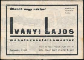 Iványi Lajos műbútorasztalos üzemének termékeit bemutató reklámnyomtatvány, foltokkal, 35x25 cm