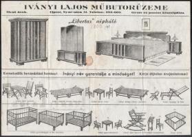 Iványi Lajos műbútorasztalos üzemének termékeit bemutató reklámnyomtatvány, foltokkal, 35x25 cm