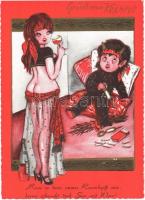 Gruß vom Krampus / Krampus with lady, erotic humour - modern art postcard