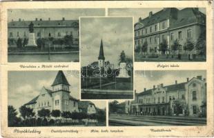 1940 Püspökladány, Városháza, Hősök szobra, emlékmű, Polgári iskola, Római katolikus templom, Vasútállomás, Osztálymérnökség (gyűrődés / crease)