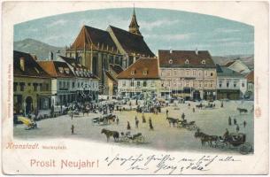 1901 Brassó, Kronstadt, Brasov; Piac tér. Újévi üdvözlet. Hiemesch / market, New Year greeting, shops (EK)