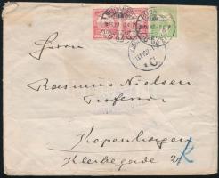 1916 Levél Turul 5f + 2x10f bérmentesítéssel Dániába, "FELÜLVIZSGÁLVA / ÜBERPRÜFT / BUDAPEST" bélyegzéssel + "KJOBENHAVN" érkezési bélyegzéssel