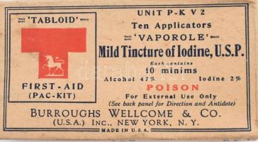1945 Amerikai hadseregben rendszeresített kötszer csomag része, benne roppantható jód tinktúrával