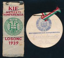 1939 Református KIE konferencia szövet szalag, papír címke 9 cm, d: 6 cm
