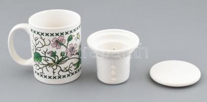 Modern porcelán teás csésze szűrővel, fedéllel. Vitrág mintával, hibátlan. 11 cm