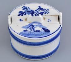 Delft kékfestésű cukordoboz. Máz alatti kék festéssel, jelzett, hibátlan. d: 10 cm