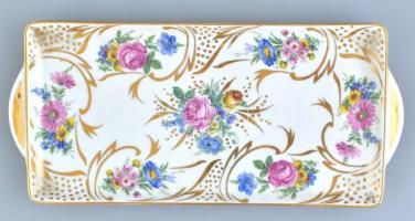 Limoges porcelán süteményes tál és porcelán nyelű kés. Részben kézzel festett, jelzett, kevés kopáss...