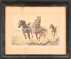 Benyovszky István (1898-1969): Vágta. Színezett rézkarc, papír, jelzett, üvegezett, kissé sérült fa ...