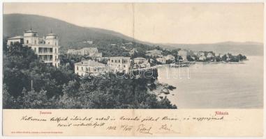 1902 Abbazia, Opatija; Kétrészes kihajtható panorámalap / 2-tiled folding panoramacard (hajtásnál szakadt / bent til broken)