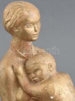 Rajki László (1939-) Anyaság (1963). Festett gipsz. Jelzett. Minta darab, alján kézzel írt szövegekk...