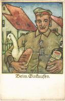 Beim Einkaufen / WWI German military art postcard. Günther Wagner Pelikan-Tinte. Feldpostkarte (Rb)