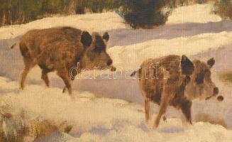 Olgyay Ferenc (1872-1939): Vaddisznók a hóban. Olaj, vászon, jelzett. Sérült dekoratív keretben, 60x...