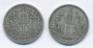 Ausztria 1893-1894. 1K Ag "Ferenc József" (2x) T:3 Austria 1893-1894. 1 Corona Ag "Fr...