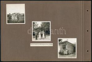 1935 Autós kirándulás Tatatóvárosba és Dióspusztára, 9 db vintage fotó, közös albumlapon, kétoldalasan felragasztott fényképek, 6x6 cm