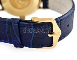 Omega Seamaster kézi felhúzós karóra. fém tokkal, szép, szövet hatású számlappal, kék bőr szíjjal, m...