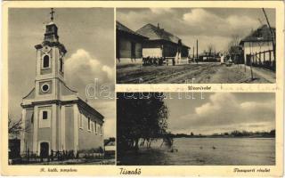 1938 Tiszabő, utca, római katolikus templom, Tisza part (Rb)