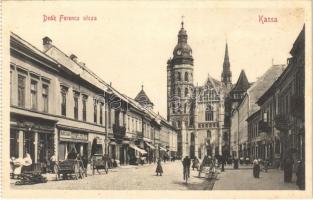 Kassa, Kosice; Deák Ferenc utca, templom, Farkas Károly, Blum Sámuel, Mangl Manó és Mayer üzlete / street, shops, church