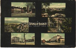 Divaca, Divacca, Divaccia; multi-view postcard with railway station, locomotive, train. B.K.S.W. 7768d.