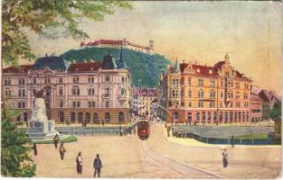 1915 Ljubljana, Laibach; Marijin trg s Presernovim spomenikom / Marienplatz mit Preseren-Denkmal / street view, tram, castle (EB)