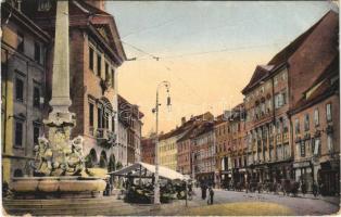 Ljubljana, Laibach; Mestni trg / square, street view, market vendors, shops (fa)