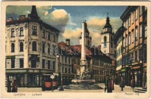1918 Ljubljana, Laibach; Mestni trg / square, street view, tram, shops (EK)