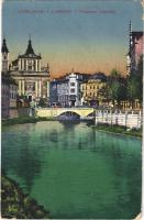 1917 Ljubljana, Laibach; Francovo nabrezje / bridge, tram (wet corner)