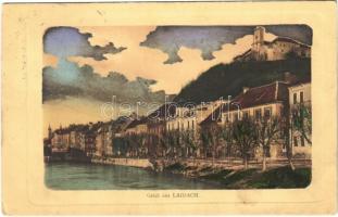 1912 Ljubljana, Laibach; riverside, castle (wet corner)