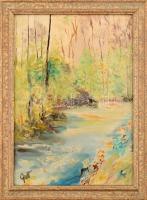 Gott jelzéssel: Vízparti erdő. Olaj, farost, dekoratív fa keretben, 40x30 cm