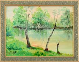 Gott jelzéssel: Vízparti fák. Olaj, farost, dekoratív fa keretben, 30x40 cm