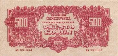 Csehszlovákia 1944. 20K, 500K "Specimen" perforációval T:I,I-